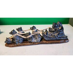 Vintage Dog Sled Wolf Original Soapstone Sculpture Wood Base Inuit Couple 5 Dogs